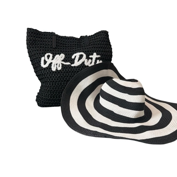 Accessories - Vacation Bag And Hat. Women's woven beach/pool Bag and hat. Black And white.